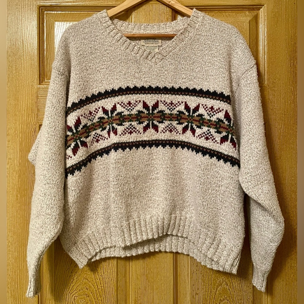 St. John's Bay Cream V-Neck Sweater with Nordic Design XL